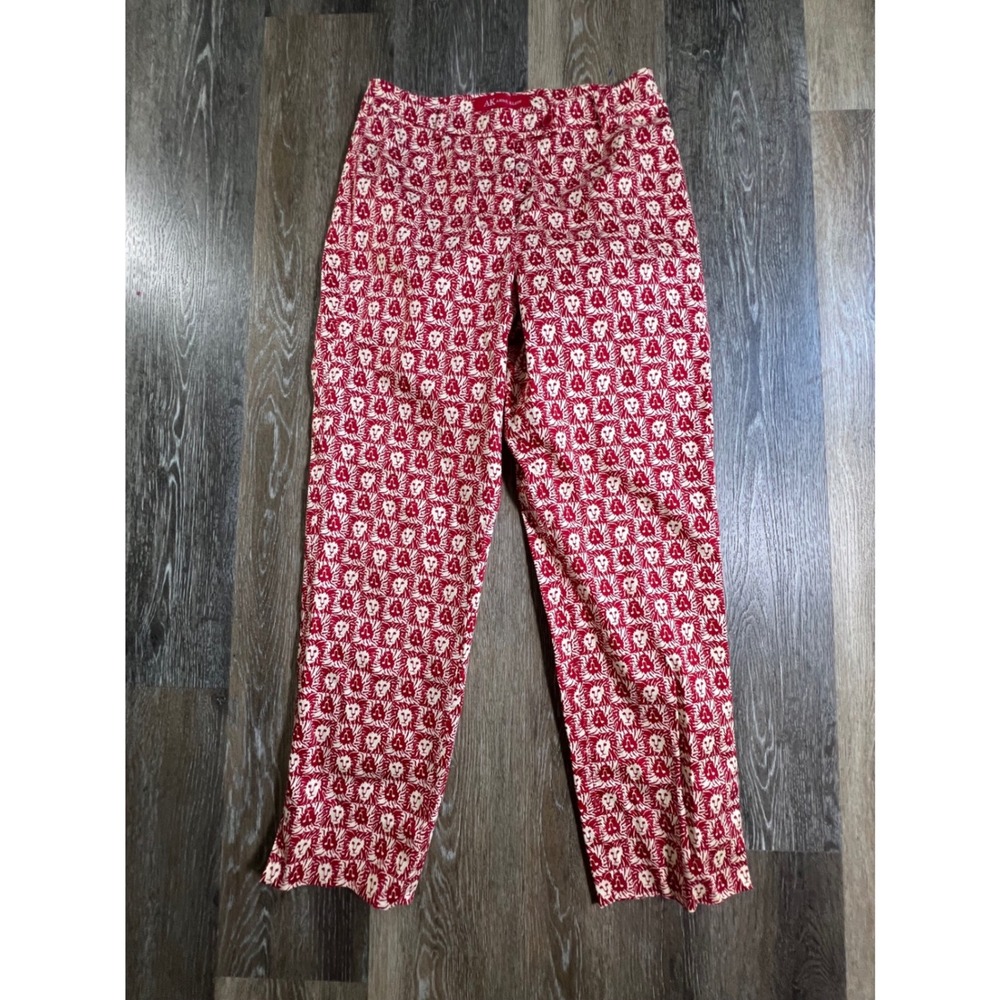 Anne Klein Lion Head Print Pants Women 8 Red Cream Straight Leg Trousers